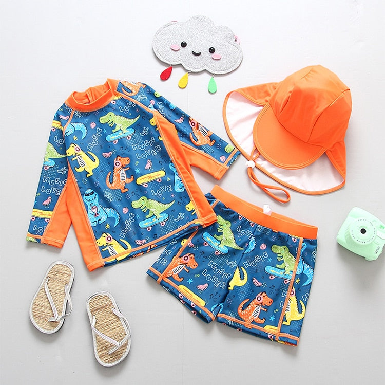 Conjunto de Banho Infantil Masculino Dinossauro Com Proteção UV