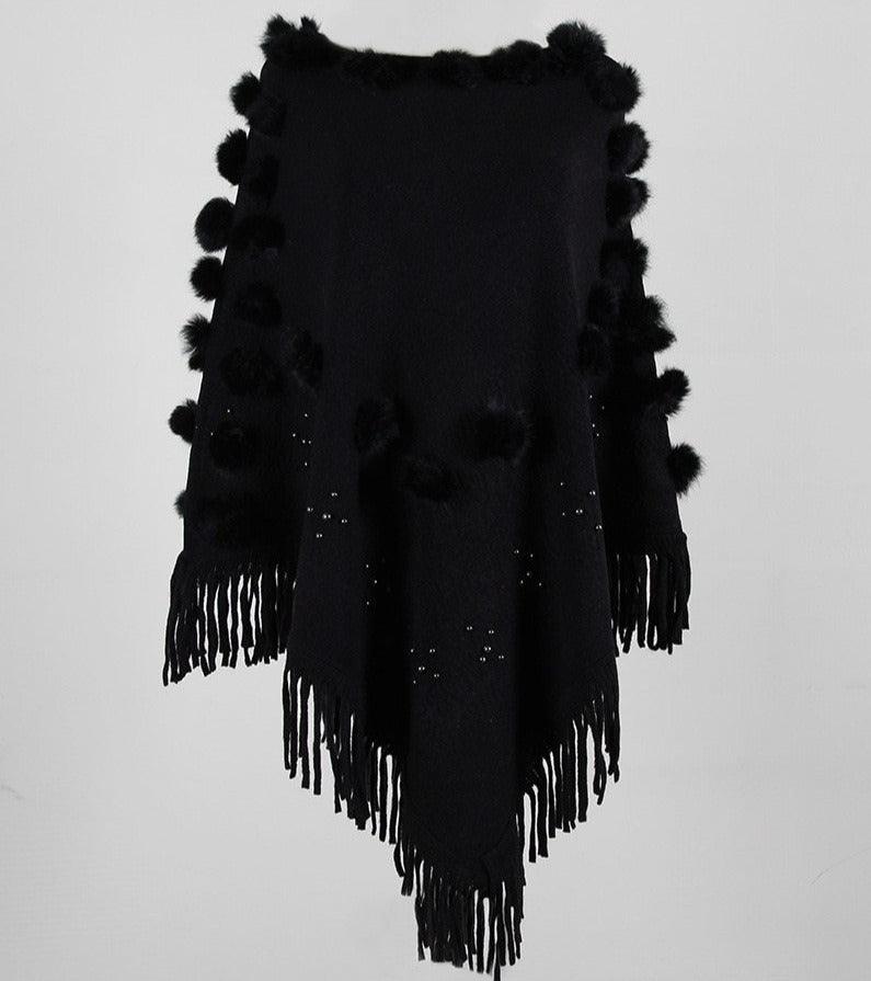 Poncho Feminino Zaya Tricô Pompom Franja - O toque de charme que seu look precisa!