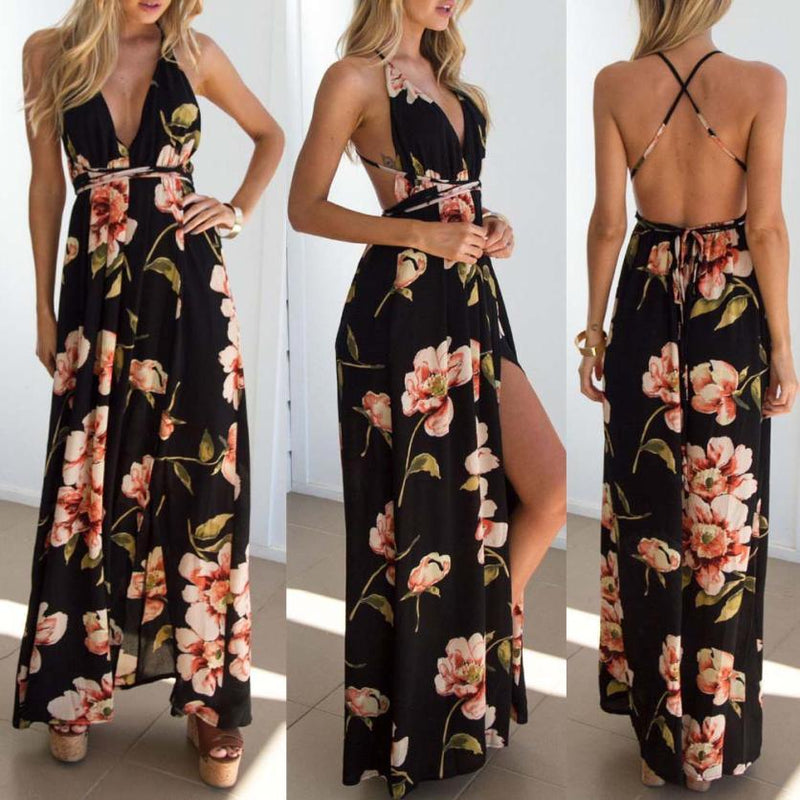 Vestido Feminino Floral Longo com Fenda Primavera Verão