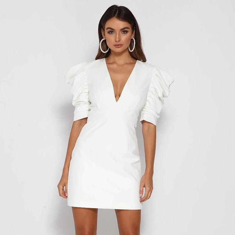 Vestido Feminino Ingrid Curto Manga Princesa Decote Costas Branco