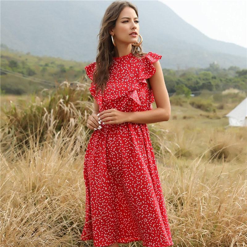 Vestido Feminino Lais Midi Manga Babado Estampado Verão